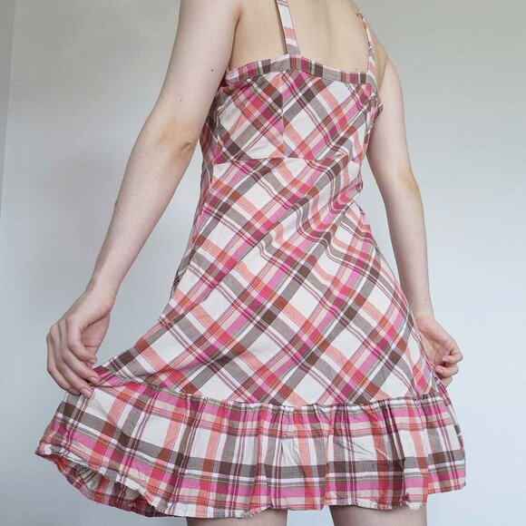 Vintage cute Y2K pink and brown plaid sweetheart midi dress with ruffles - Picture 8 of 14